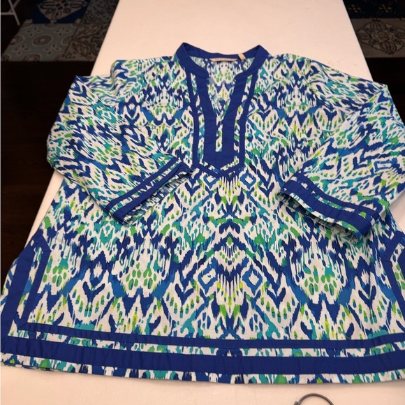 Soft Surroundings “Kirti Ikat”Women’s Top Blouse Sz L Blue & Green 3/4 Sleeves - Picture 10 of 12